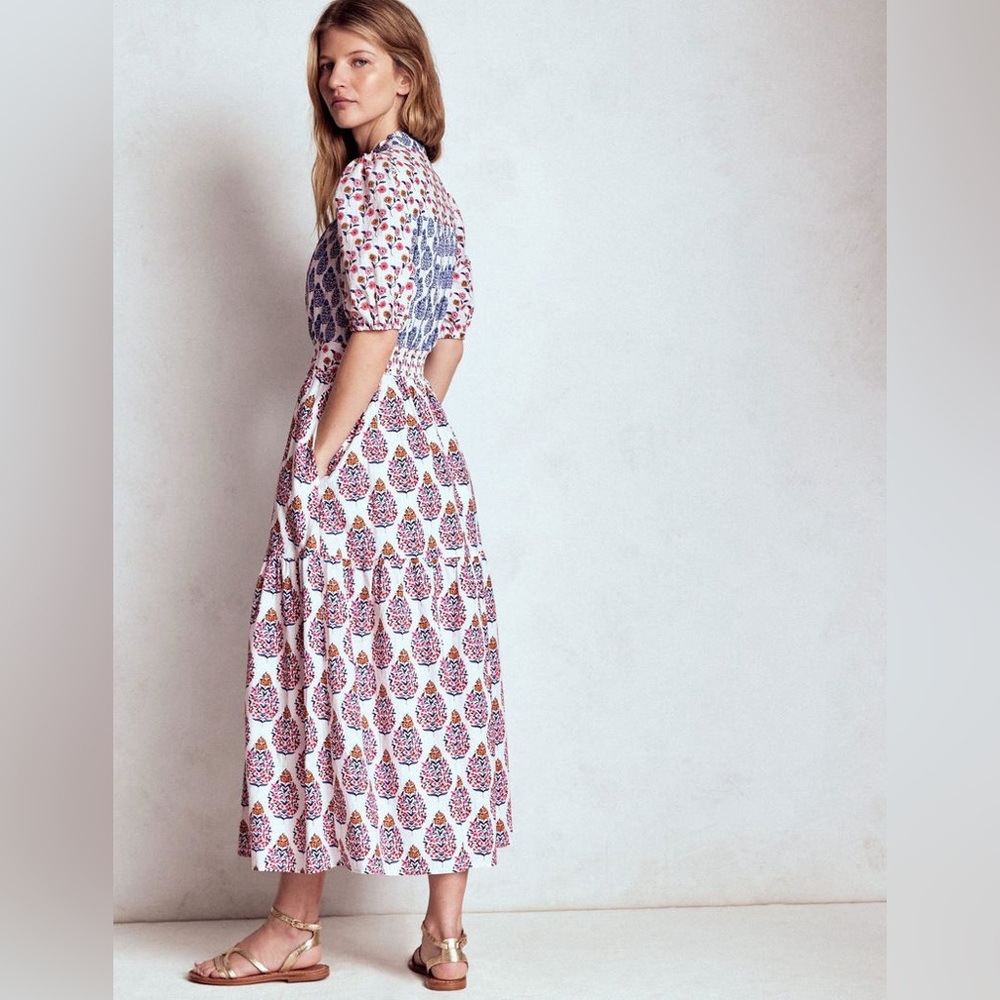 Floral Print Puff-Sleeve Maxi Dress in White and Pink - Picture 2 of 12
